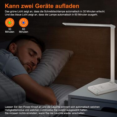 LED настільна лампа Weareok з регулюванням яскравості, захистом для очей, бездротовою зарядкою Qi та USB-портом, білий колір