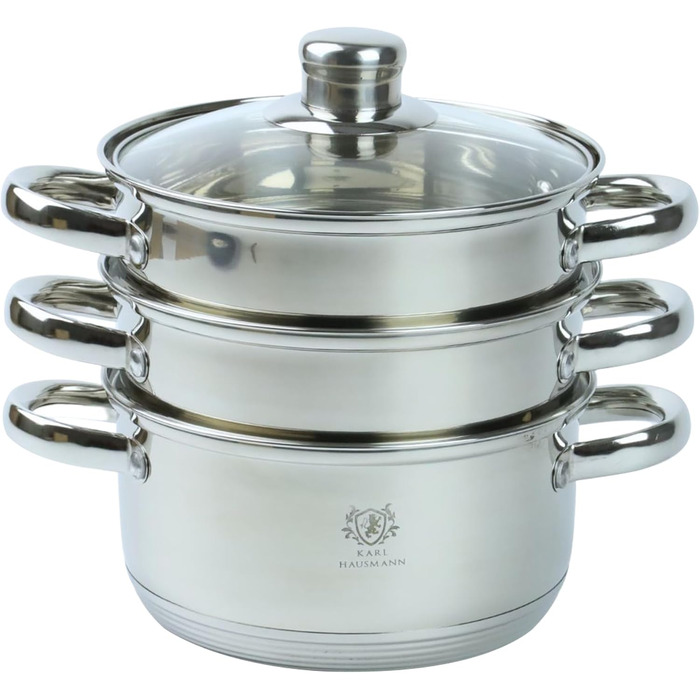 Пароварка Karl Hausmann 2.4L з нержавіючої сталі, 18 см, срібна. Ідеальна для приготування на пару, включає вставку для приготування картоплі та інших овочів. Підходить для індукційних плит.