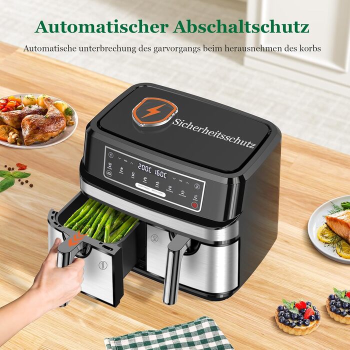 Фритюрниця повітряна з 2 камерами на 9 літрів | Air Fryer з двома відсіками по 4,5 л, 2600 Вт, 8-в-1, сенсорне керування, функція Smart Finish, незалежний контроль температури та часу (срібна)