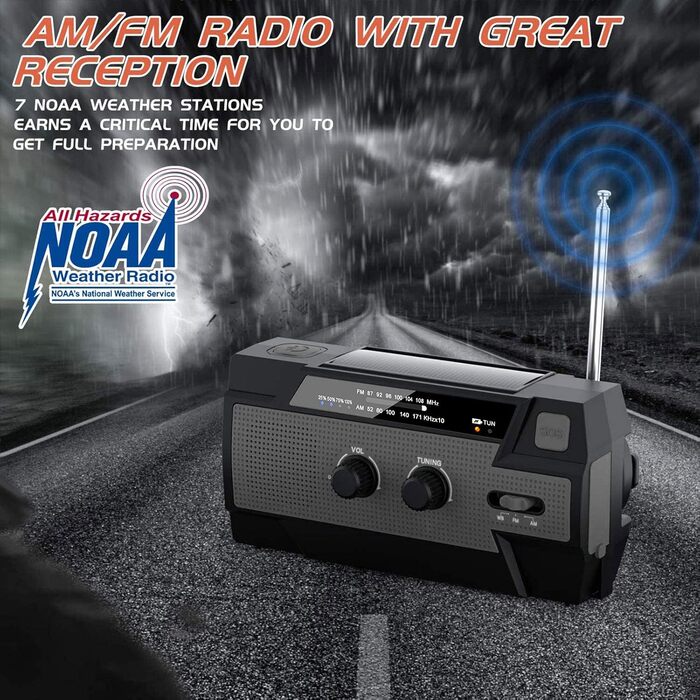 Сонячне радіо YIKANWEN AM/FM з ручкою, USB, акумулятор 4000mAh, для кемпінгу та подорожей (червоний, чорний)