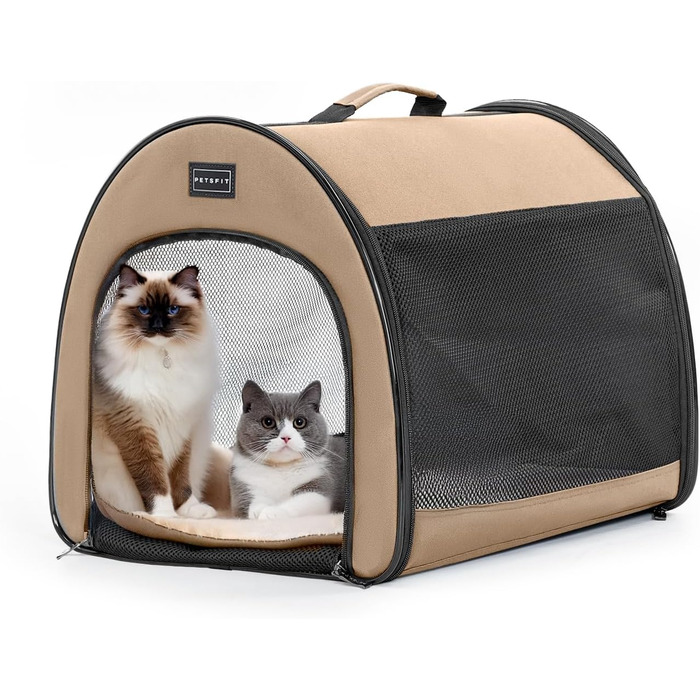 Складана переноска для собак Petfit для маленьких собак і котів, портативна та з гарною вентиляцією, для дому, з вигнутим дахом, переноска-ліжко для собак з анти-відкриваючим блискавкою та подушкою (Хакі, M)