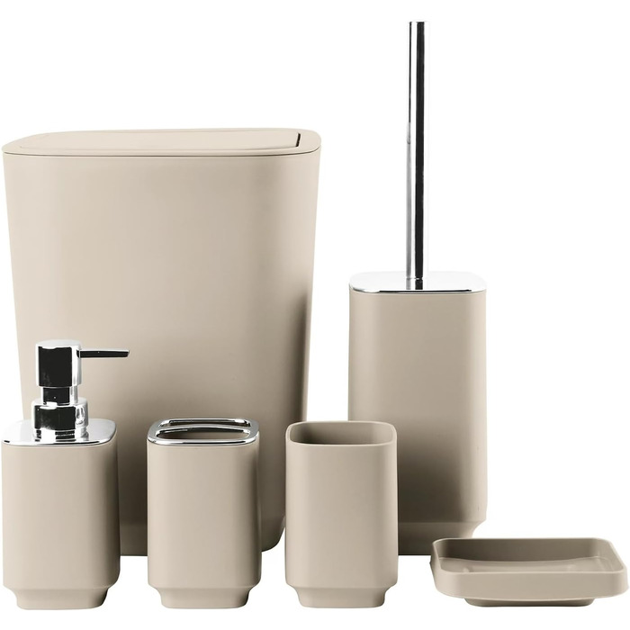 Сучасний набір для ванної кімнати на 6 предметів (білий) з дозатором для мила, тримачем для зубних щіток, мильничкою, щіткою для унітазу, сміттєвим відром та склянкою (кава)