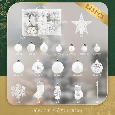 Набір ялинкових прикрас SOLEDI® 128 шт. Преміум якість, пластикові кулі білого кольору з зіркою на верхівку. Міцний та безпечний набір прикрас з петельками. Різнокольорові ялинкові кулі, багаторазовий декор для Різдва.