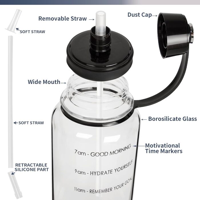 2 Liter Glass Water Bottle with Straw and Time Marker, Motivational Water Bottle with Neoprene Sleeve, Large 2L Glass Bottle for Fitness, Home, and Office, Leak-Proof, BPA-Free