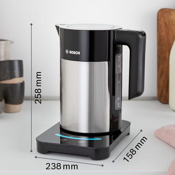 Bosch cordless kettle TWK7203, automatic shut-off, overheat protection, 7 temperature settings, keep-warm function, 1.7 L, 2200 W, black Single