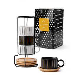 Набір кавових чашок Home Decor Cappuccino - 4 шт по 160 мл з підставками та стійкою - Керамічні чашки для еспресо, капучино, лате - колекція Stripe