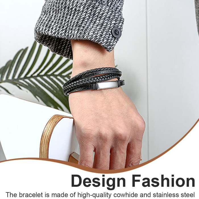 Чоловічий браслет з натуральної шкіри, широкий плетіний браслет на магнітній застібці (чорний)