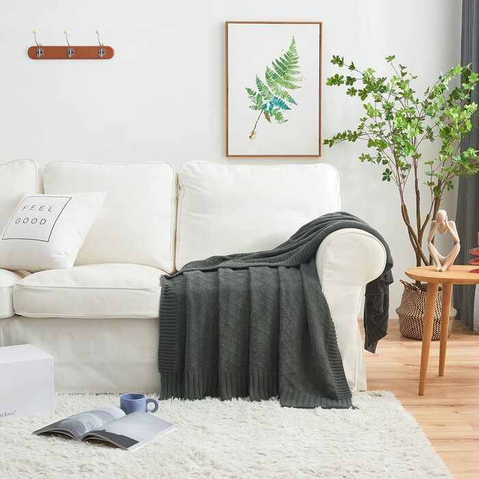 Бавовняна ковдра Longhui з в'язаним візерунком для дивану, крісел, ліжка, пляжу, декору інтер'єру, сірого кольору, 127 x 152 см. Подарунок - тканинна сумка.