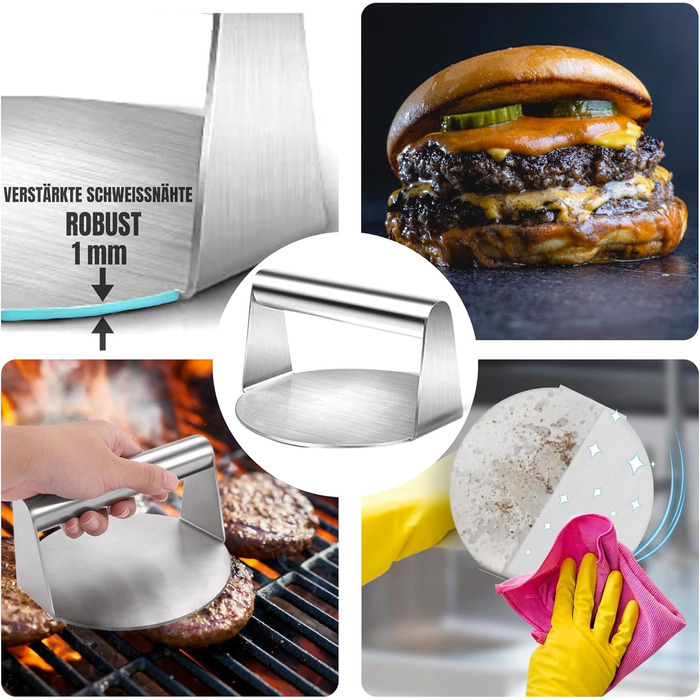 Набір для приготування Smash Burger – 6 предметів: прес для бургерів, розчавлювач, 2 кришки для плавлення сиру, лопатка для гриля та шампури – подарунок для чоловіків та любителів гриля (Чорний, 6 предметів)