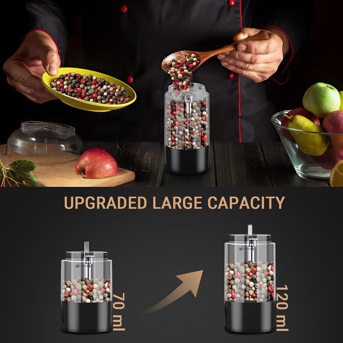 Електричний набір солі та перцю, USB, автоматична млинка, регулювання помелу, LED-дисплей, 120мл, сенсорне управління, для кухні, чорний, 2 шт.
