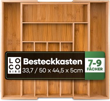 Loco Bird Cutlery Box for Drawers made of Bamboo - Adjustable Drawer Organizer Kitchen Wood - Cutlery Insert for Drawers Pull-out up to 50cm - Drawer Insert Kitchen - Cutlery Organizer