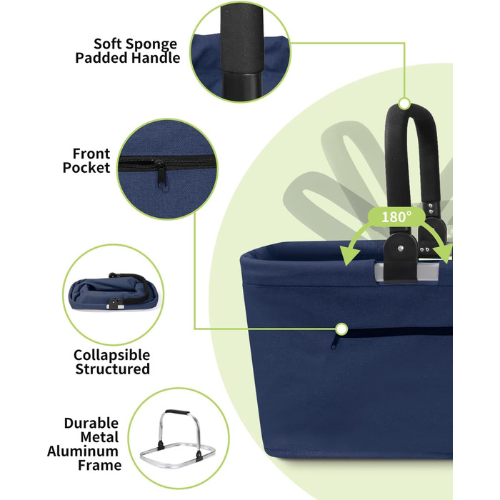 Складаний кошик для покупок 35L з 2 стійками, сімейний, з алюмінієвою ручкою, водовідштовхуючий, для пікніків, подорожей, кемпінгу, подарунок (Синій, 35L (48x28x26cm))