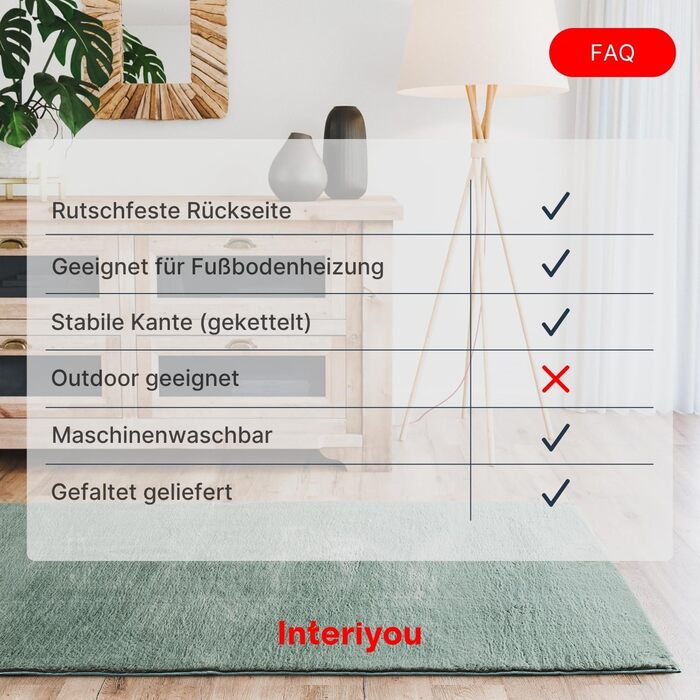 Килимок для вітальні Interiyou Fargo 80x150 см - короткий ворс, миючий, нековзний, штучне хутро, м'який ворс (зелений)