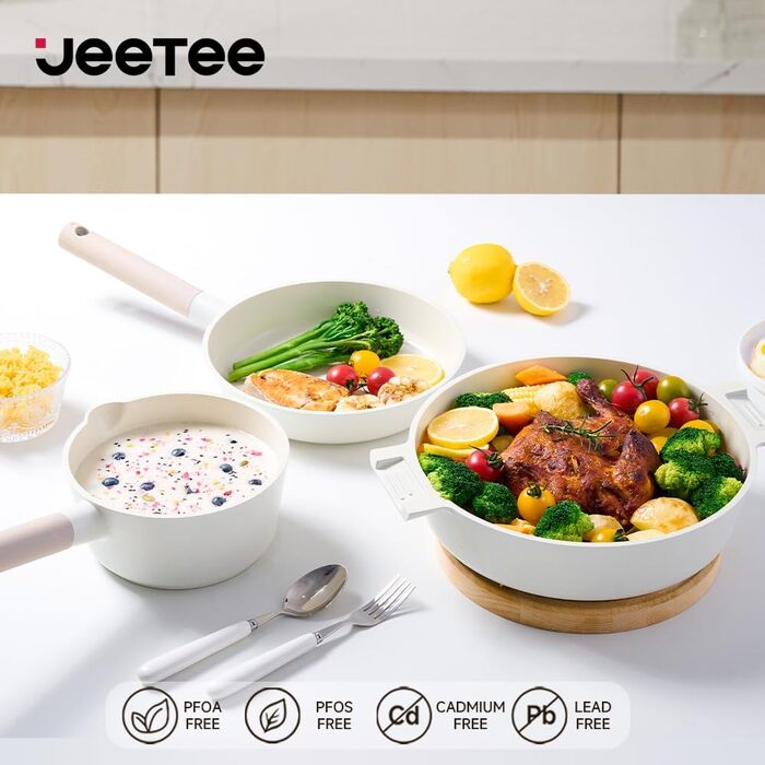 JEETEE Ceramic Cookware Set Non-Stick 16-Piece, Non-Stick Fry Pan 24/28, Sauté Pan with Lid and Steamer, Pot Induction, Non-Stick Cookware Set Beige