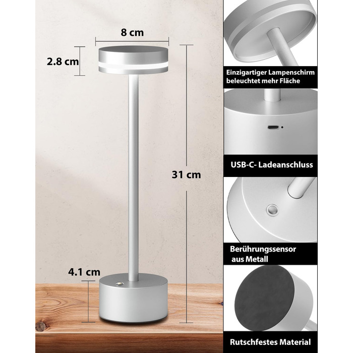 LED настільна лампа з акумулятором, бездротова, з торшером, повне алюмінієве тіло, 3 режими регулювання яскравості, акумулятор 4000mAh, тепле світло 3000K, для обіднього столу, вітальні (срібна)