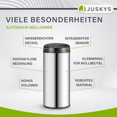 Відро для сміття Juskys з датчиком руху, 30 л, нержавіюча сталь, з кришкою-кліпсою для пакетів, безконтактне відкриття