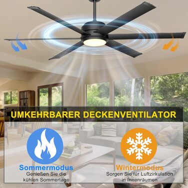 Deckenventilator Ohniyou з підсвіткою, пультом та додатком, 152.4 см (60 дюймів), регульована яскравість, DC-двигун, великий вентилятор для тераси, вітальні, чорний