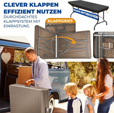Стол KESSER® буфет розкладний, пластик, 183x76 см, ротанг, для кемпінгу, вечірок, саду, тераси, балкону, на 6 осіб, з ручкою, коричневий