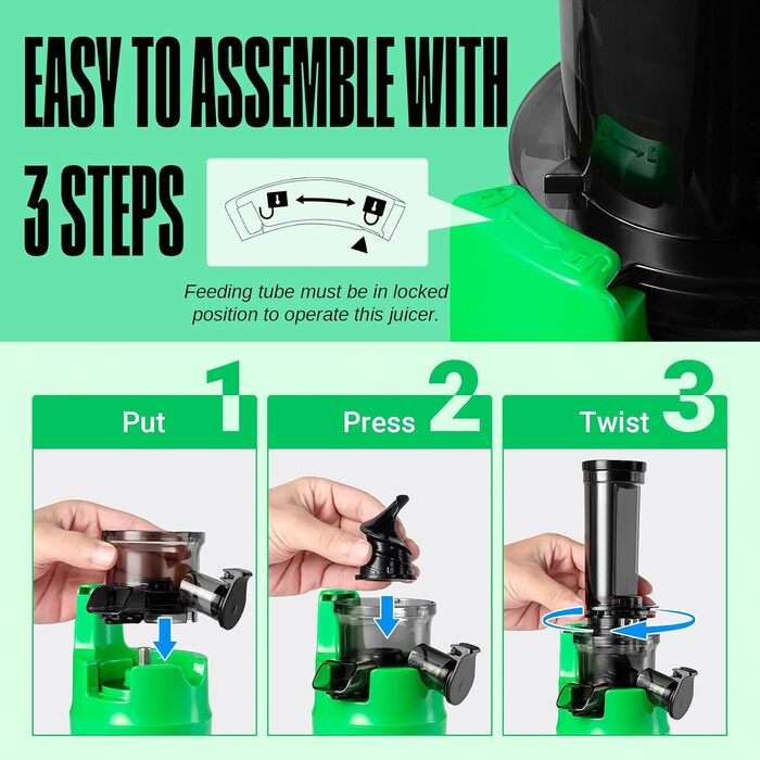Ventray Ginnie Juicer - Slow Juicer with 60 RPM Low Speed, Juicer for Vegetables and Fruit with Reverse Function and Two Filter Sizes, BPA Free Electric Fruit Press, Green Parrot