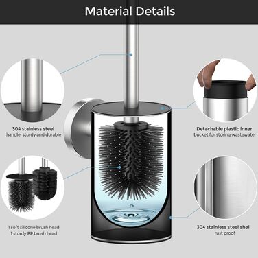 Набір для чищення унітазу WAVEWO з кріпленням на стіну, силіконова щітка та тримач, квадратна щітка з нержавіючої сталі 304, 2 насадки (кругла срібляста)
