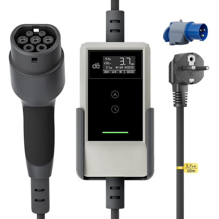 Кабель зарядки для електромобіля тип 2 Schuko 3,7kW (6-16A, 1-фазний) з LCD дисплеєм, 10м. Підходить для ID.3/4/5/7, Model Y/3, ENYAQ та інших PHEV/EV