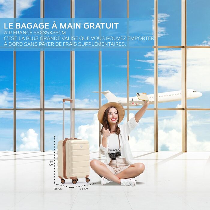 Чотирьохколісний валіза Flight Knight ABS з жорстким корпусом, ручна поклажа, розмір для авіакомпаній (British Airways, EasyJet), 56x45x25 см (55x35x25 см TSA), кремовий/бежевий колір