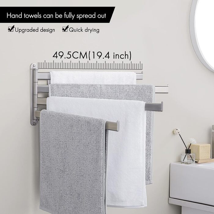 KES Towel Rail Swivel Towel Bar 4 Arms Bathroom Stainless Steel SUS304 Towel Holder 50CM 180° Rotation Brushed, A2104S4L50-2 4 Arms, 50CM Brushed