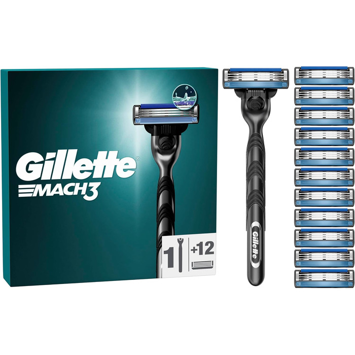 Бритва Gillette Mach 3 Standard для чоловіків, металевий корпус, сіро-чорна (бритва + 12 змінних касет)
