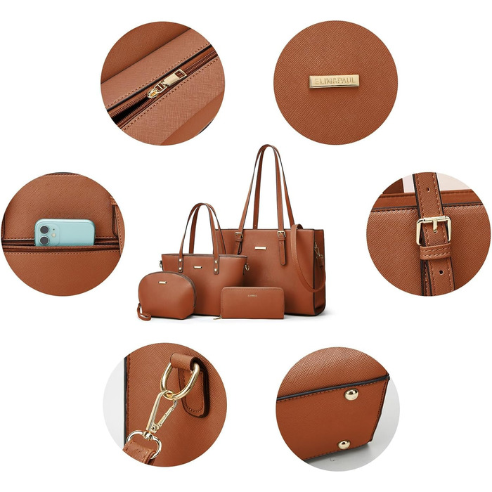 YTL Сумка жіноча шопер велика через плече 4 в 1, коричнева. Набір з гаманцем та картхолдером для офісу, школи, подорожей