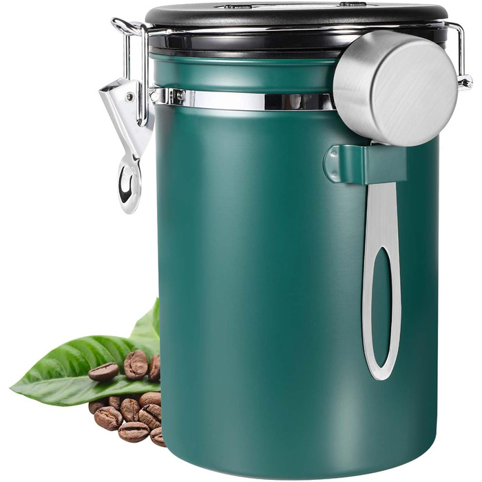 Герметичний контейнер для кави з нержавіючої сталі 1,8L, вакуумна кавова банка, контейнер для кавових зерен з нержавіючою ложкою та датчиком часу, для зберігання кави, чаю, горіхів, какао, щоб довше залишатися свіжими