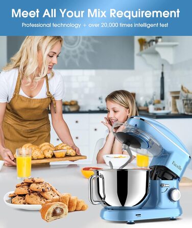 Кухонна машина Facelle 1500W з нержавіючою чашею 6.2L, 6 швидкостей, комплект насадок (міксер, гак для тіста, вінчик, сплеск-захист), блакитна