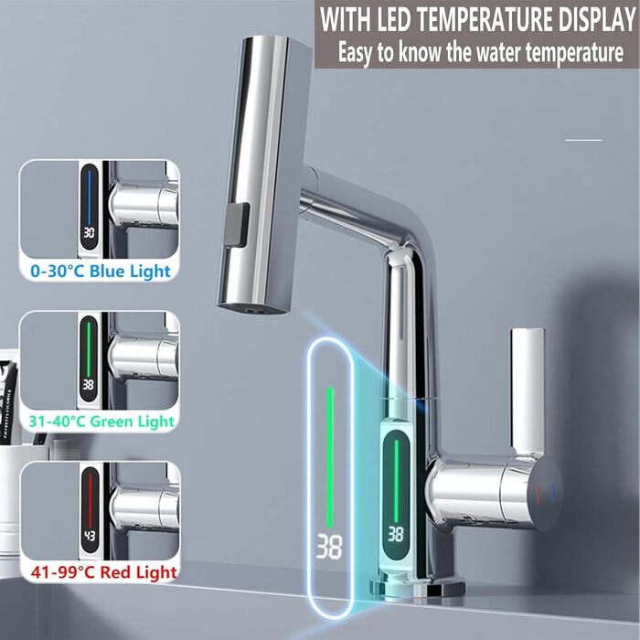 Кран кухонний з витяжною лійкою, 3 режими, LED-індикатор температури, однорідний змішувач, поворот на 360°, кран для мийки, кран кухонний, високий тиск, регульована висота (хром)