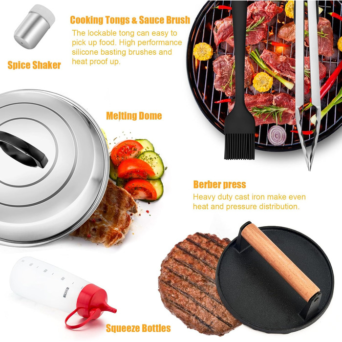 Набір аксесуарів для грилю Leonyo: 29 предметів, нержавіюча сталь 18/10, лопатки, скребки, кришки для поливання, прес для бургерів, аксесуари для хібачі для приготування на відкритому повітрі
