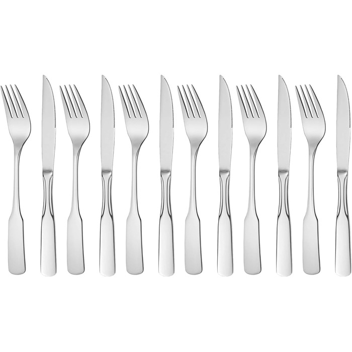 GRÄWE Steak Set for 6 People, Flatware Set 12-Piece, Dinnerware Set including Steak Knives, Steak Forks, Pizza Cutlery Stainless Steel 18/10, Polished, Dishwasher Safe, Spaten Series