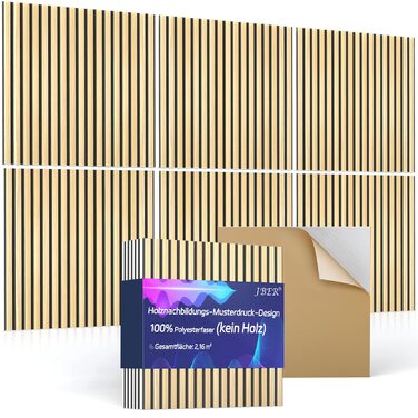 Акустичні панелі JBER самоклеючі для стін, шумопоглинаючі 3D-панелі для студії, офісу та дому, натуральний дуб, 30×30×1 см (набір 12 шт, смугастий дизайн 60×60 см)