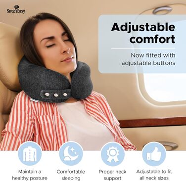 Подушка для шиї SnoozEasy™ для дорослих | Подушка для подорожей на літаку з memory foam | Регульована подушка з маскою для очей, навушниками, сумкою та карабіном | Бренд UK