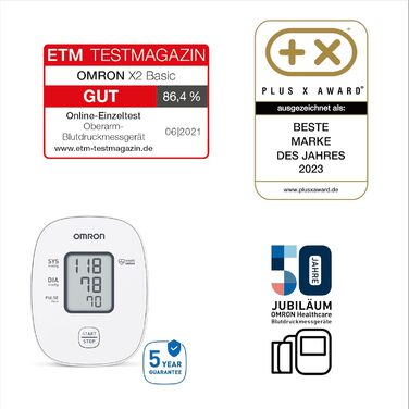 Тонометр OMRON X2 Smart+ з Bluetooth, клінічно перевірений, для вимірювання артеріального тиску, з безкоштовним додатком, універсальна манжета 22-42 см