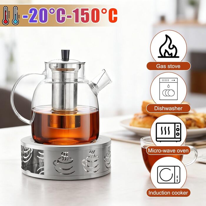Скляний чайник для заварювання чаю 1800 мл з підставкою-підігрівачем, кришкою та ситом для листового чаю та чайних пакетів