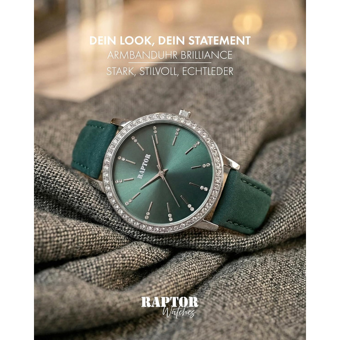 Жіночий наручний годинник Raptor elegant з блискітками, сріблястий корпус та чорний шкіряний ремінець