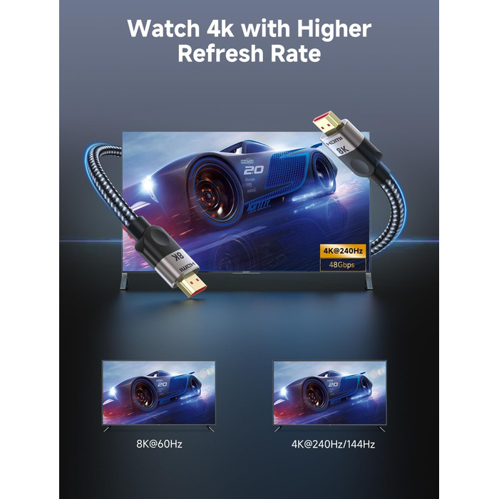 HDMI 2.1 кабель Southlight 5 метрів (8K@60Hz, 4K@120Hz, 48Gbps) – Ultra High Speed, eARC, HDCP 2.2/2.3, DTS:X, Dolby Atmos, сумісний з Soundbar, PS2, PS5, Xbox, Roku TV, сірий