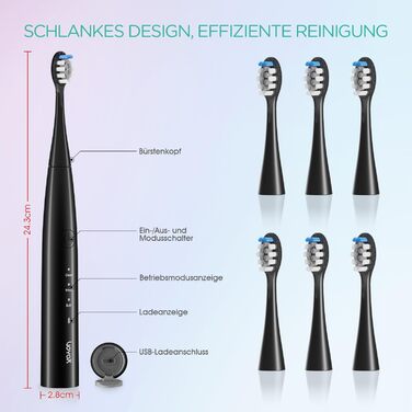 Електрична звукова зубна щітка Ultraschall ET110 (Чорна) - 41000 VPM, 70 днів роботи, 6 насадок, таймер, IPX7