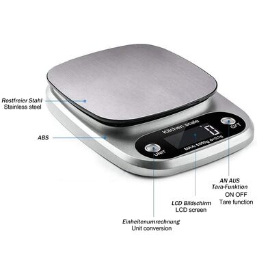 Кухонні ваги Mobxpar: електронні, з нержавіючої сталі, прецизійні (0,1г), до 5кг, з функцією тарування