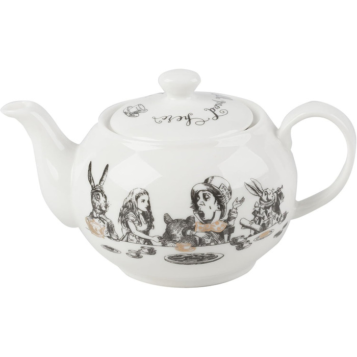 V&A Alice in Wonderland Teapot, pitcher for serving tea, water jug, pot with lid, intricately painted ceramic design, 450 ml, white