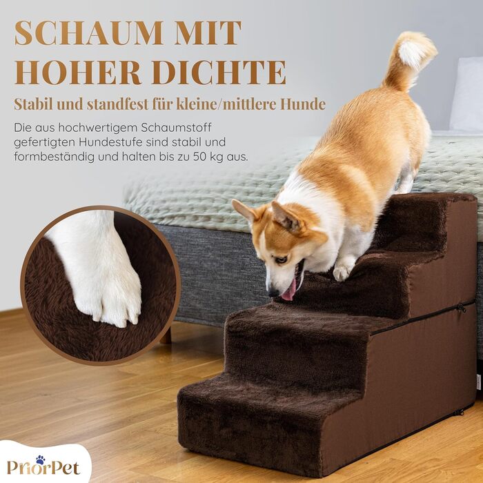 Сходинки для собак на ліжко та диван - 4 сходинки, 58 см - з піносподуху, для маленьких собак, безпечні та стабільні, знімний та пральний чохол, світло-сірий (4-Brown)
