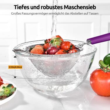 U-Taste кухонне сито з нержавіючої сталі 18/8, середній розмір, металеве дрібнопористе ситечко з міцною заклепкою і силіконовою ручкою для просіювання борошна, чаю, рису, кіноа, фіолетове, 12 см