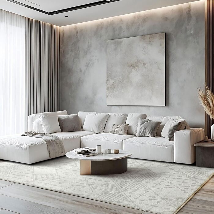 Килим Leesentec для вітальні, спальні: геометричний, сучасний, антиковзаючий, короткий ворс, бежевий, великий, білий (слонова кістка, 80*120 см), кремовий/світло-сірий білий (160x200 см, прямокутний)