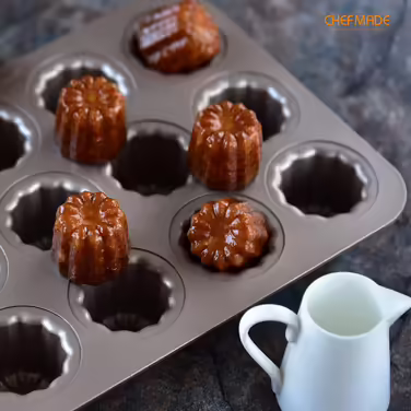 CHEFMADE Canelé Baking Mold, 12-Cavity Non-Stick Canelé Muffin/Cupcake Pan for Oven Baking (Champagne Gold)