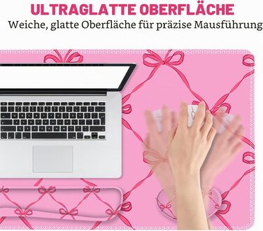 Набір XXL килимків для миші та клавіатури ToLuLu (90x40 см) з підставкою під зап'ястя, протиковзаючим покриттям та прошитими краями, рожевий з бантом