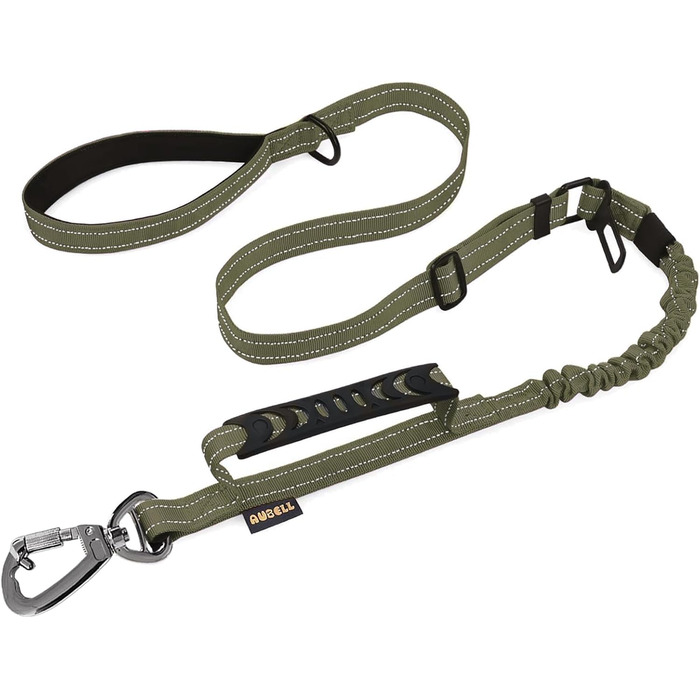 Тактична повідок для собак AUBELL, міцна, світловідбиваюча, без натягу, з амортизатором, для середніх та великих собак, з м'якою ручкою, авторемнем безпеки, поворот на 360°, 1.2-1.8 м, зелена