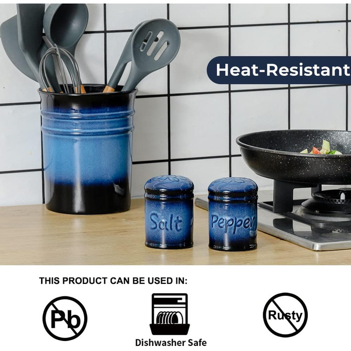Nihow Ceramic Salt and Pepper Shaker Set, 2.6 inches, Bar Salt and Pepper Shakers, Rust-Proof Spice Shakers, Elegant, Black and Blue, 2 Pieces